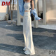 DALEY MODE白色高腰毛邊直筒牛仔褲女2025年新款寬松顯瘦闊腿拖地褲子百搭女 白色(長褲) 春秋 S