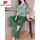 皮爾卡丹（pierre cardin）媽M春夏棉麻兩女士2025新款品牌時(shí)尚麻料女裝苧麻套裝女 綠色套裝 L (100-115斤)
