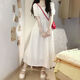 GOCHIEI甜美減齡方領(lǐng)抽繩泡泡袖連衣裙子女學(xué)生夏季收腰顯瘦中長(cháng)款a字裙 白色連衣裙 M