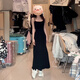 GARNUO黑色吊帶連衣裙子女夏季2025新款法式小個(gè)子赫本風(fēng)收腰包臀裙長(zhǎng)裙 黑色 M