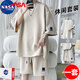 NASA BASE夏季短袖T恤套裝男潮流圓領(lǐng)休閑男士夏天衣服運動(dòng)套裝寬松夏裝 23352卡其 XL (建議體重130-150斤)