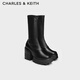 CHARLES&KEITH厚底側拉鏈彈力靴瘦瘦靴女七夕禮物CK1-90360405 Black黑色 35