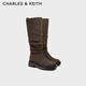 CHARLES&KEITH復古騎士靴堆堆靴平底長靴生日禮物CK1-90360408 Brown棕色 36