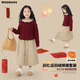 moonkids女童裙子過新年套裝秋冬年服兒童冬裝紅色毛衣圣誕兩件套加厚保暖 三件套【19741紅色毛衣+19588卡其色+4532卡其色棉裙】 110 cm