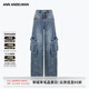 ANN ANDELMAN【艾熱同款】官方直營(yíng)深藍色做舊磨白斜線(xiàn)分割牛仔工裝褲 深藍色 偏大建議拍小一碼 25