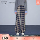 三彩2025秋季新款格紋休閑褲松緊腰寬松闊腿褲長(cháng)褲女 藏青色格紋 M 160/68A