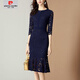 皮爾卡丹（pierre cardin）2025秋冬季新款優(yōu)雅名媛修身顯瘦魚尾裙中長款蕾絲連衣裙女洋氣 藍(lán)色 L 108-118