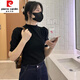 皮爾卡丹（pierre cardin）2025春秋季新款半高領(lǐng)針織衫女中袖修身純色打底T恤衫法式上衣潮 黑色 均碼