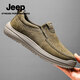 Jeep吉普頭層牛皮休閑鞋男秋冬新款透氣軟底一腳蹬懶人鞋防滑爸爸鞋男 卡其【牛皮鞋面】 標準皮鞋碼 41