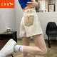 紅蜻蜓牛仔短褲女夏季薄款2025年新款女裝高腰顯瘦寬松女士a字褲熱褲子 米白色短褲 L 【112~125斤】