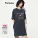 MO&Co.連衣裙夏洗褪棉質(zhì)斑駁印花磨邊短袖T恤裙MBE2DRS036 礦灰色 M 165