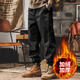 胖胖兄美式工裝褲男寬松直筒潮牌男士休閑褲春秋季哈倫褲復古束腳褲子男 黑色加絨 XL 合適140-160斤