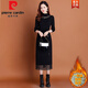 皮爾卡丹（pierre cardin）配外套的內搭針織連衣裙女秋冬新款中長(cháng)款過(guò)膝蕾絲打底加絨毛衣裙 黑色【加絨加厚】 M 建議90-100斤