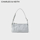 CHARLES&KEITH褶皺油蠟皮斜挎小方包手提包腋下包女士生日禮物CK2-80160183 Grey灰色 S