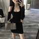 桃伊悠（taoyiyou）純欲掛脖露肩連衣裙女秋冬新款辣妹緊身收腰顯瘦時(shí)尚打底包臀短裙 黑色 L