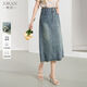 熙然年秋季新款高腰休閑復古風(fēng)包臀裙口袋裙擺牛仔半身裙女中長(cháng)款 牛仔藍 M
