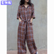 麥潮尚夏日晚風(fēng)從身體穿過(guò) 咖色格子麻料連體褲女 圖片色 M