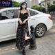 矜持范黑色碎花連衣裙女裝夏季2025新款閨蜜設(shè)計(jì)感收腰顯瘦開叉方領(lǐng)裙子 碎花吊帶裙 M 90-100斤