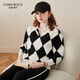 科蒙博卡秋冬翻領(lǐng)羊毛衫女 加厚毛衣時(shí)尚黑白菱形針織衫 黑白 XL