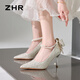 ZHR高跟鞋女仙女水晶婚鞋珍珠尖頭鞋子細跟淺口單鞋配裙子IE01銀色38
