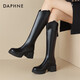達芙妮長(cháng)筒靴女厚底英倫風(fēng)騎士靴不過(guò)膝加絨女鞋子4023605005 絨黑 37