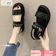 2025新款厚底涼鞋女網(wǎng)紅百搭學(xué)生個(gè)性平底鞋夏季時(shí)尚鏈子羅馬鞋 鏈條黑色 38