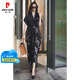 皮爾卡丹（pierre cardin）輕奢高檔重磅桑蠶絲氣質(zhì)真絲連衣裙女夏設計感V領(lǐng)的短袖蝴蝶結印 黑色 M 【100到110斤】