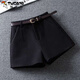 啄木鳥(niǎo)外穿毛呢短褲女春秋季2025年新款高腰A字靴褲顯瘦配靴子闊腿褲 黑色毛呢 （有腰帶） 2XL 建議125-135斤