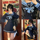 XCFREHT【南梔中】南御社jk制服水手服基礎款純欲風辣妹百搭校供百褶裙女 藍領長袖+短裙+金魚結+羽根結 S