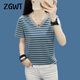 ZGWT輕奢高端品牌新款短袖T恤女士夏裝新款條紋V領(lǐng)半袖寬松運動(dòng)上衣服 正肩V領(lǐng)/灰色166 L 【105-120斤】