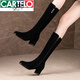 卡帝樂(lè )鱷魚(yú)（CARTELO）磨砂真皮粗跟圓頭長(cháng)筒靴女2025冬季新款中跟長(cháng)靴女時(shí)尚加絨高筒靴 黑色絨里 37