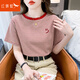 紅蜻蜓條紋短袖t恤女寬松韓版女裝年夏季新款百搭體恤圓領(lǐng)半袖上衣 紅色短袖 L 建議105-125斤