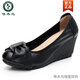 啄木鳥(niǎo)高跟女鞋春秋女單鞋真皮媽媽鞋舒適防滑坡跟圓頭軟底蝴蝶結工作鞋 黑色(黑色鞋底 )  7cm 40