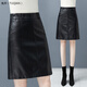 兔芊（TUQIAN）海寧真皮皮裙子秋冬季女中長(cháng)款加絨皮裙女高腰綿羊皮小羊皮半身裙 黑色-9005 L