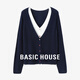 Basic House/百家好綿羊毛假兩件針織開衫秋季新款慵懶風撞色上衣 藏青色 XL （125-140斤）