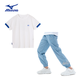 MIZUNO美津濃兒童圓領(lǐng)運(yùn)動(dòng)套裝夏季短袖T恤防蚊褲兩件套童裝休閑戶外男 白+藍(lán) 160 CM（85-100斤）