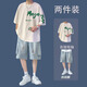 星宿搖（xingsuyao）夏季痞帥短袖t恤男潮流寬松學(xué)生鹽系男友風(fēng)一套搭配牛仔短褲套裝 【2件裝】純棉白色+藍色短褲 XL