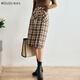 Olrain【5折】法式咖色格子半身裙春季女裝高腰直筒開(kāi)叉中長(cháng)裙子 咖格 L