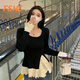 FSHE不規則撞色打底針織衫女秋冬2025新款荷葉邊修身顯瘦內搭長(cháng)袖上衣 黑色 S