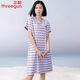 三槍[冰立方]夏季冰泉棉布圓領(lǐng)短袖睡裙女士涼感薄休閑顯瘦輕薄家居裙 拂棉紫條 L （165/90)