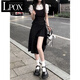 LPOX裙子法式連衣裙黑色假兩件連衣裙女夏中長(zhǎng)款小個(gè)子不規(guī)則開(kāi)叉裙子 黑色 假2件 S 70-95斤