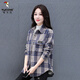 啄木鳥(niǎo)格子長(cháng)袖襯衫外套女2025春秋新款寬松百搭顯瘦減齡洋氣上衣襯衣 千鳥(niǎo)藍 4XL 建議135-145斤