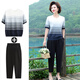 啄木鳥(niǎo)媽媽夏裝洋氣冰絲上衣服中年女裝短袖T恤2024新款中老年大碼套裝 藍(lán)色套裝(上衣+束腳褲子) 3XL (推薦120-135斤)