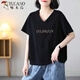 啄木鳥(niǎo)夏季新款V領(lǐng)短袖t恤女大碼純棉上衣女百搭寬松文藝雞心領(lǐng)胖mm體恤 輕薄黑色【HUMAN】薄 2XL 建議120-140斤