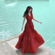 YIOU三亞海邊拍照沙灘裙女紅色吊帶沙灘長(zhǎng)裙旅游穿搭度假連衣裙女5176 酒紅色 L