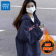 真維斯（JEANSWEST）衛(wèi)衣女春秋冬季新款加絨開衫外套女裝連帽上衣潮流寬松學(xué)生慵懶風(fēng) 加絨 藏青 KS方向粉 2X