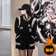 美式復(fù)古飛行員棒球服外套女生春季2025新款甜美V領(lǐng)夾克顯瘦上衣 黑色加絨 XL