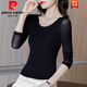 皮爾卡丹（pierre cardin）2025春裝新款上衣黑色網(wǎng)紗打底衫女內搭大版女裝圓領(lǐng)長(cháng)袖T恤蕾絲 黑色 2XL