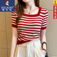 啄木鳥(niǎo)黑白冰絲條紋針織衫短袖T恤女23夏季新款正肩薄款方領(lǐng)短款上衣 紅色 L