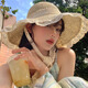 目丸法式草帽女2025夏季新款透氣蕾絲花邊鏤空防曬帽海邊帽子遮陽帽 米色 均碼